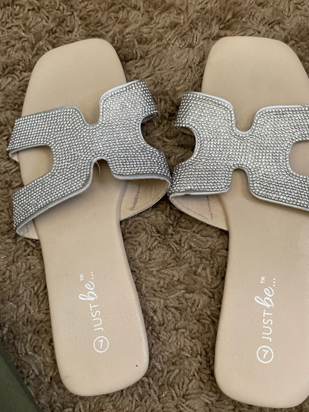 just be Beige Slide Sandals with Silver Rhinestone Straps